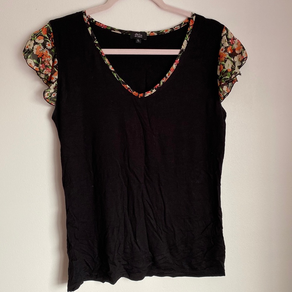 Storm Los Angeles ladies large black flowy short sheer sleeves tee. NWOT